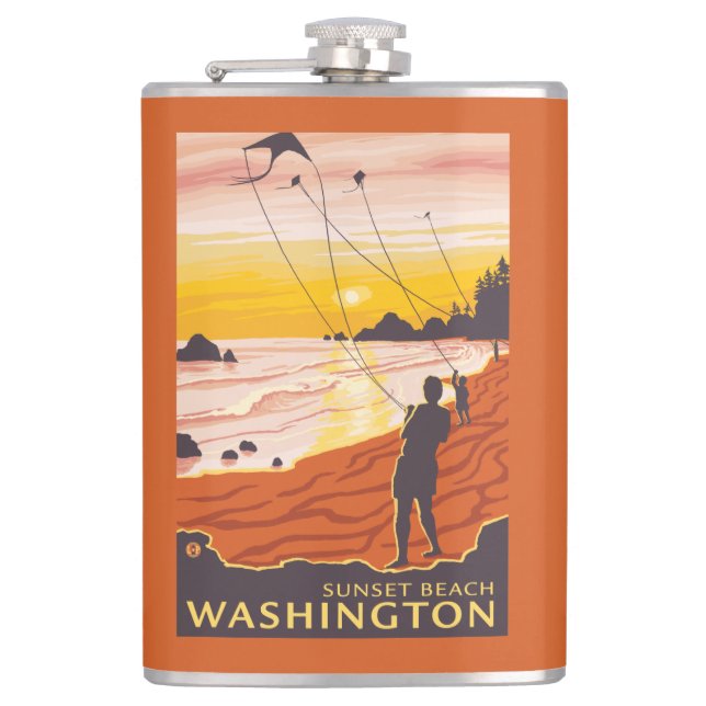 Beach & Kites - Sunset Beach, Washington Hip Flask (Front)