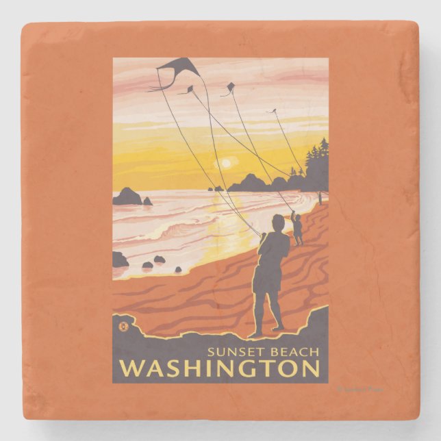 Beach & Kites - Sunset Beach, Washington Stone Coaster (Front)