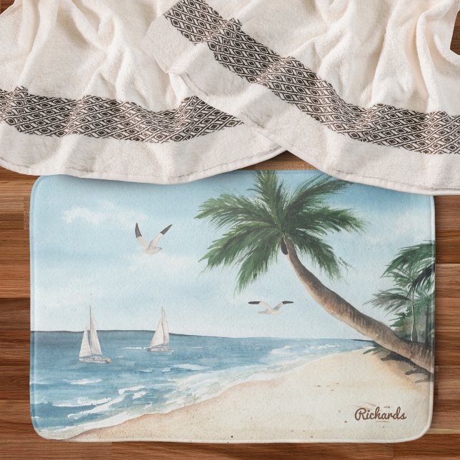 Beach Landscape with Sailboats Watercolor Bathroom Bath Mat (Creator Uploaded)