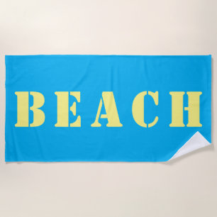 BEACH Large Yellow Stencil Letters on Sky Blue Towel