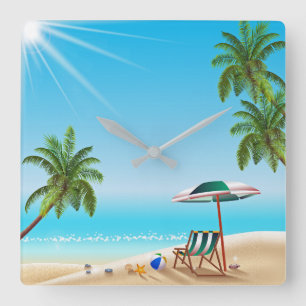 BEACH LIFE. BEACH BALL AND SUN UMBRELLA SQUARE WALL CLOCK