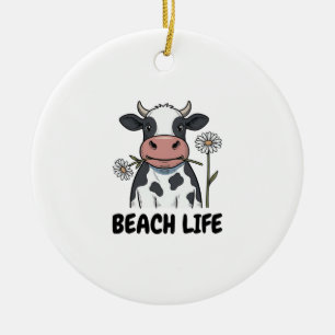 Beach Life Cow Vintage Engraving T-Shirt Design_1 Ceramic Tree Decoration