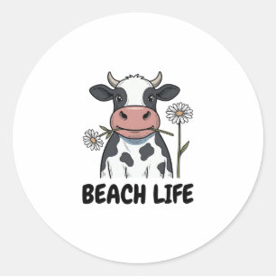 Beach Life Cow Vintage Engraving T-Shirt Design_1 Classic Round Sticker