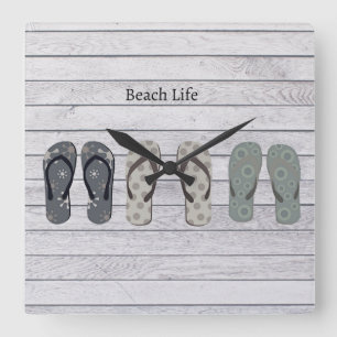 Beach Life, flip flops on boardwalk     Square Wall Clock