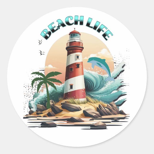 Beach Life | Lighthouse and Dolphin Classic Round Sticker (Front)