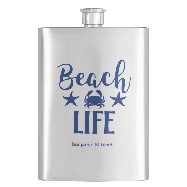 Beach LIFE  Quote Nautical Coastal Summer Navy Hip Flask (Front)