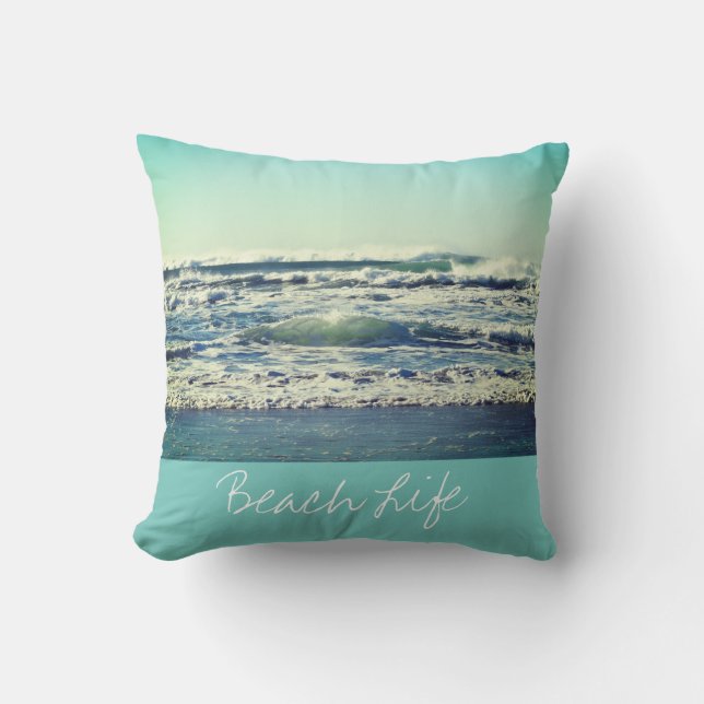 Beach Life Quotes Waves Ocean Coastal Water Blue Cushion (Front)