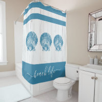 Beach life script teal seashell white rustic wood