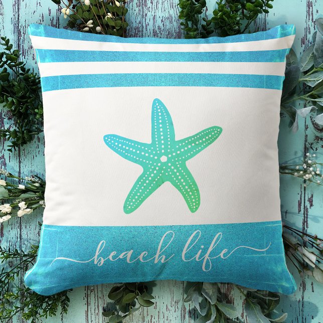 Beach life script turquoise blue green starfish cushion (Creator Uploaded)