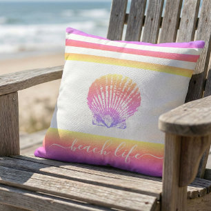 Beach life script yellow pink ombre seashell bold cushion