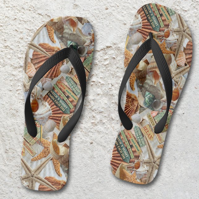 Beach Life Starfish Shells Flip Flops (Flip flops featuring a modern whimsical pattern inspired by the beach with shells and starfish.)