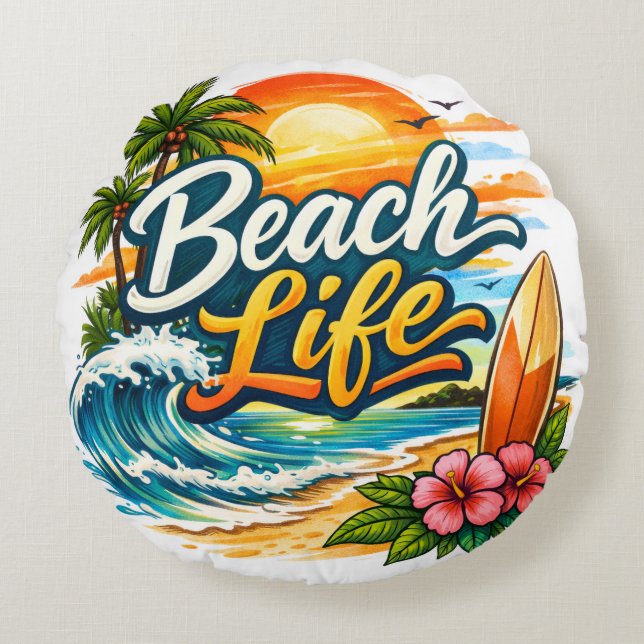 Beach Life – Tropical Sunset Surf Round Cushion (Front)