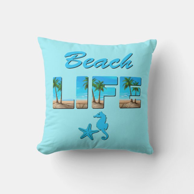 Beach Life Word Art with Sand and Palm Trees Cushion (Front)