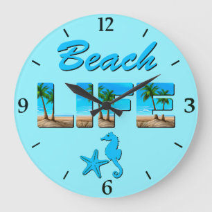 Beach Life Word Art with Sand and Palm Trees  Large Clock