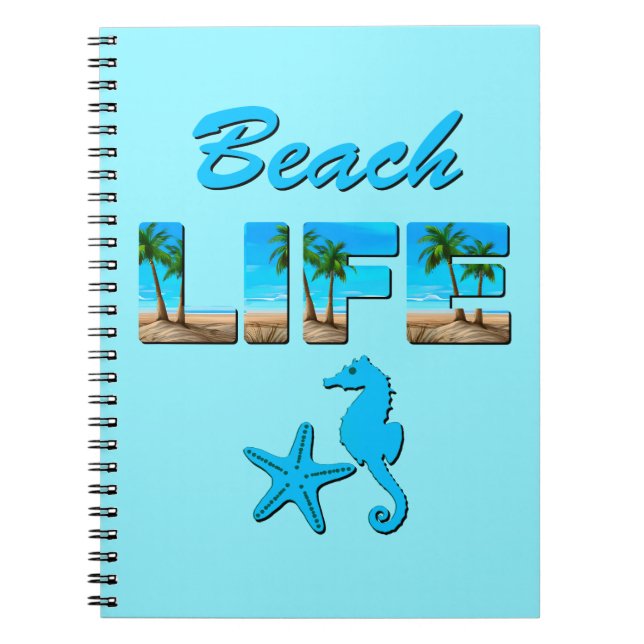 Beach Life Word Art with Sand and Palm Trees Notebook (Front)