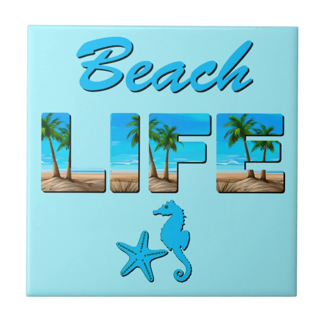 Beach Life Word Art with Sand and Palm Trees Tile (Front)