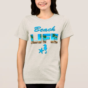 Beach Life Word Art with Sand and Palm Trees   Tri-Blend Shirt