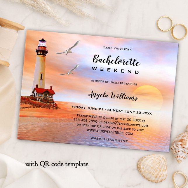 Beach Lighthouse Bachelorette Weekend Invitation (Bachelorette weekend itinerary template featuring an original painting of a lighthouse on the beach)