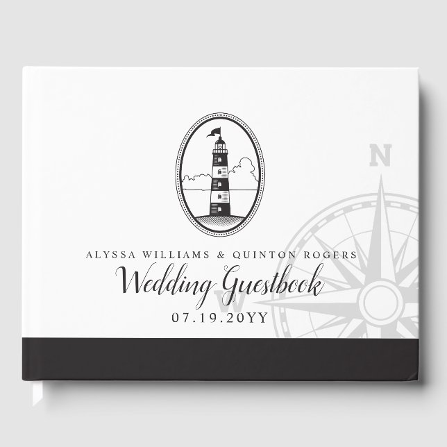 Beach Lighthouse | Black and White Wedding Guest Book (Front)