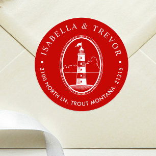 Beach Lighthouse Nautical Themed Crimson Classic Round Sticker