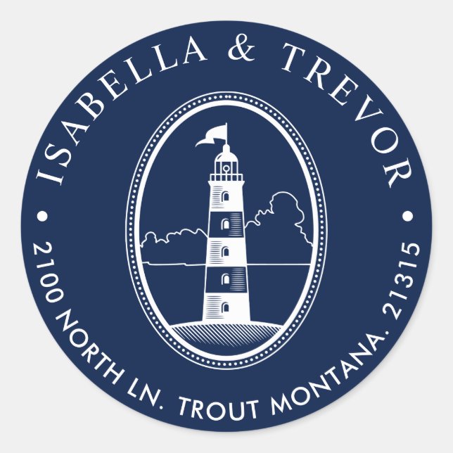 Beach Lighthouse | Nautical Themed Return Address Classic Round Sticker (Front)