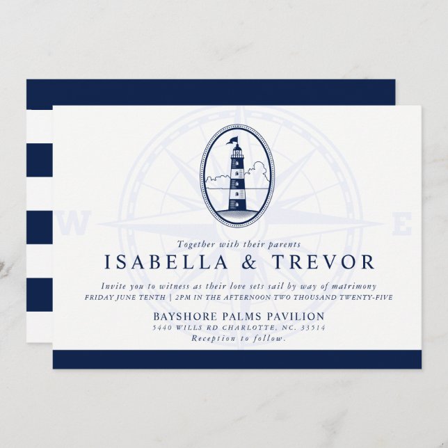 Beach Lighthouse | Nautical Themed Wedding Invitation (Front/Back)