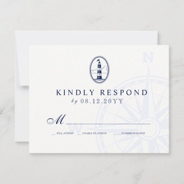 Beach Lighthouse | Nautical Wedding Navy RSVP Card (Front)