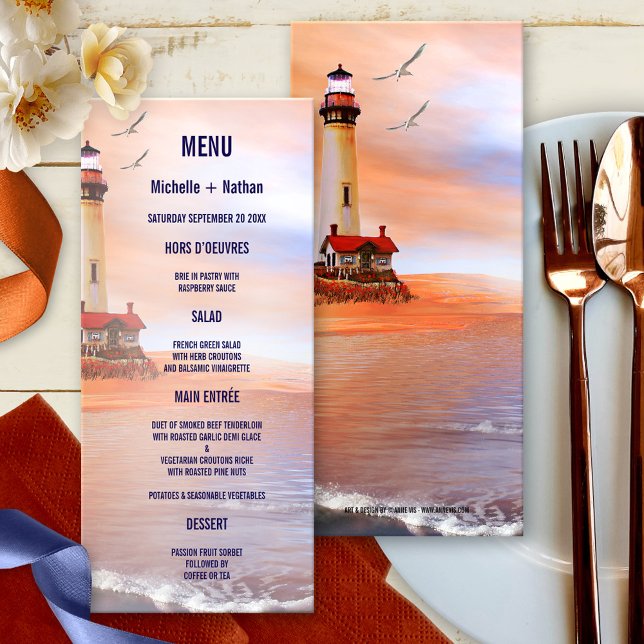 Beach Lighthouse Wedding Menu Card (Nautical wedding menu card featuring a painting of a lighthouse at the ocean with seagulls at sunset)