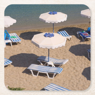 Beach Lounge Rhodes, Dodecanese Islands, Greece Square Paper Coaster