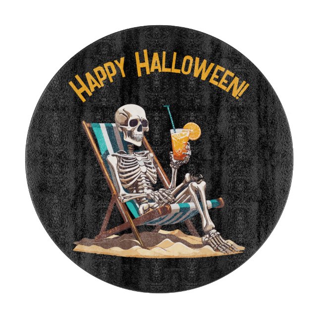 Beach Lounging Skeleton Halloween Cutting Board (Front)