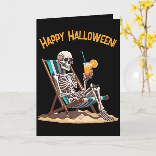 Beach Lounging Skeleton Halloween Greeting Card (Yellow Flower)