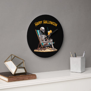 Beach Lounging Skeleton Halloween Large Clock
