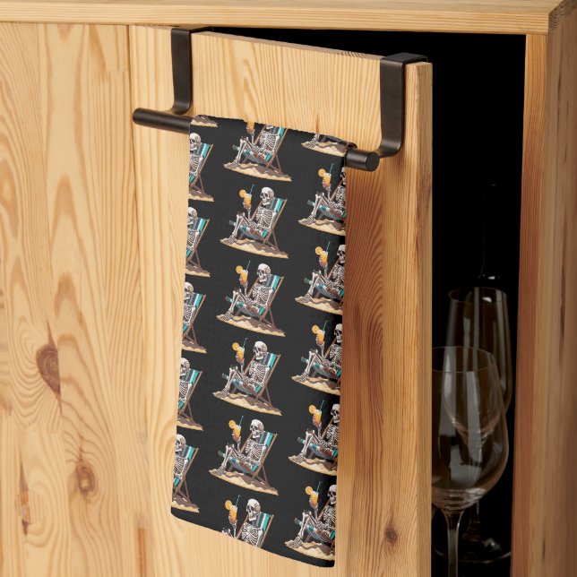 Beach Lounging Skeleton Halloween Tea Towel (Thirds Fold)