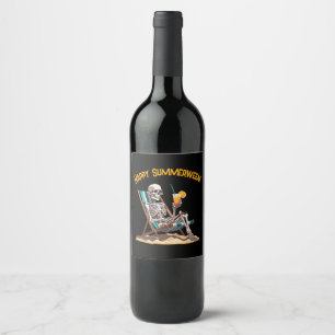 Beach Lounging Skeleton Halloween Wine Label