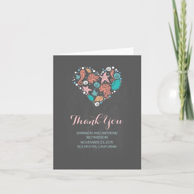 beach love heart romantic wedding thank you card (Front)