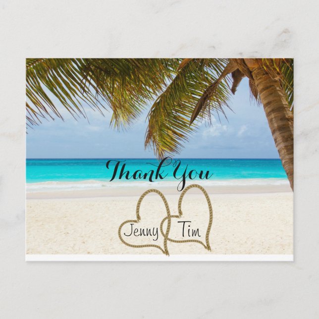 beach love hearts bridal palm thank you postcard (Front)