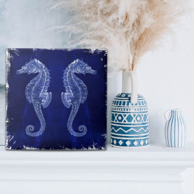 beach lover coastal ocean blue seahorses tile (beach lover coastal ocean blue seahorses ceramic tile)