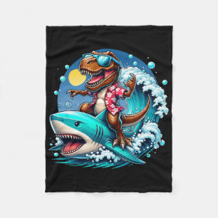 Beach Lover T-rex Dinosaur Riding Shark Surfing Oc Fleece Blanket
