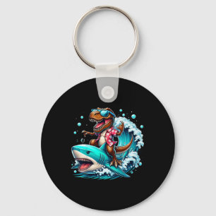 Beach Lover T-rex Dinosaur Riding Shark Surfing Oc Key Ring