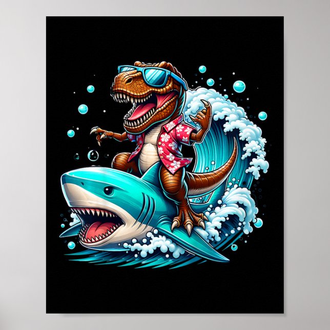 Beach Lover T-rex Dinosaur Riding Shark Surfing Oc Poster (Front)