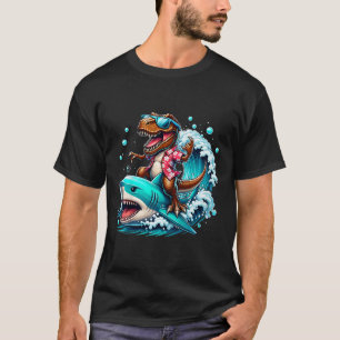 Beach Lover T-rex Dinosaur Riding Shark Surfing Oc T-Shirt