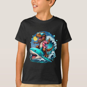 Beach Lover T-rex Dinosaur Riding Shark Surfing Oc T-Shirt