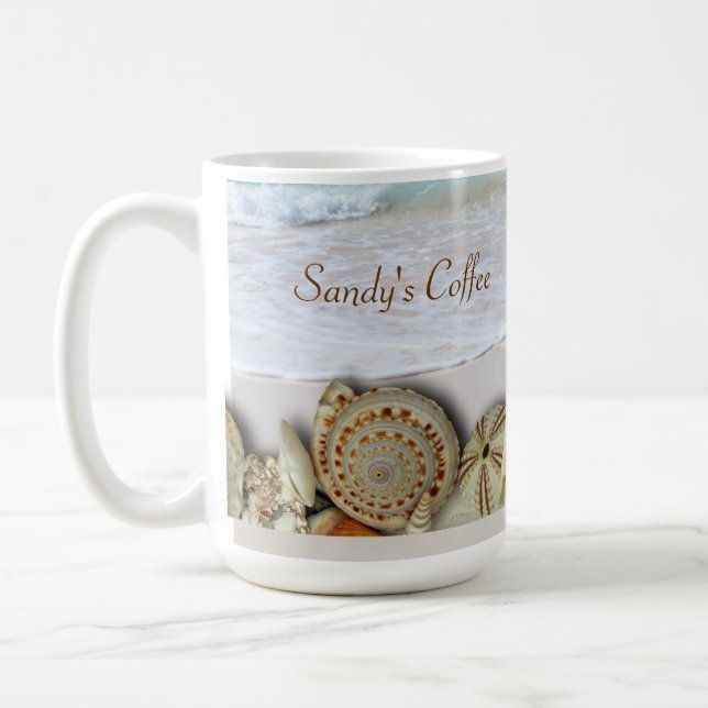 Beach Lovers Seashell and Ocean Custom Coffee Mug (Left)