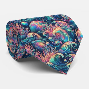 Beach Lovers Tie   Holographic Ocean Coral Pattern