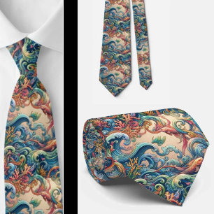 Beach Lovers Tie Holographic Ocean Coral Pattern