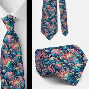 Beach Lovers Tie Holographic Ocean Coral Pattern