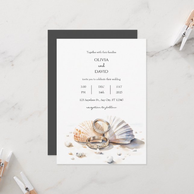 Beach Marriage Rings Seashell Shore Wedding  Invitation (Front/Back In Situ)