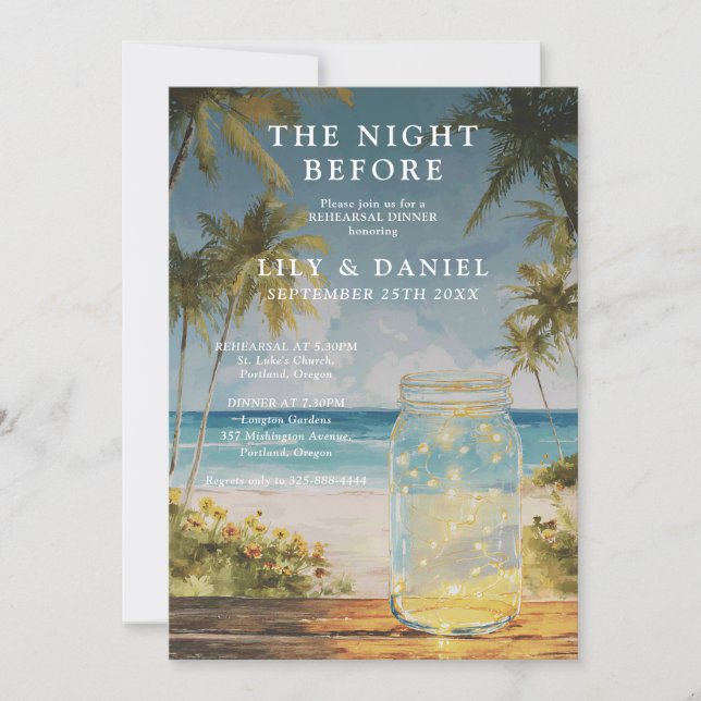 Beach Mason Jar Palm Tree Wedding Rehearsal Dinner Invitation (Front)