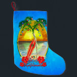 Beach Mele Kalikimaka Small Christmas Stocking<br><div class="desc">Mele Kalikimaka,  Hawaiian for Merry Christmas. Beach art with a palm tree decorated with Christmas lights and ornaments and a tropical ocean blue background.</div>