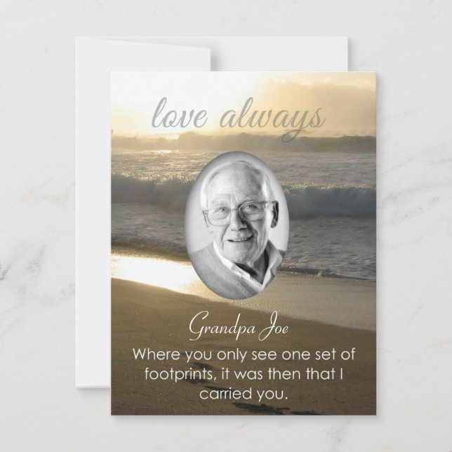 Beach Memorial Announcement Sunset Footprints Poem (Front)